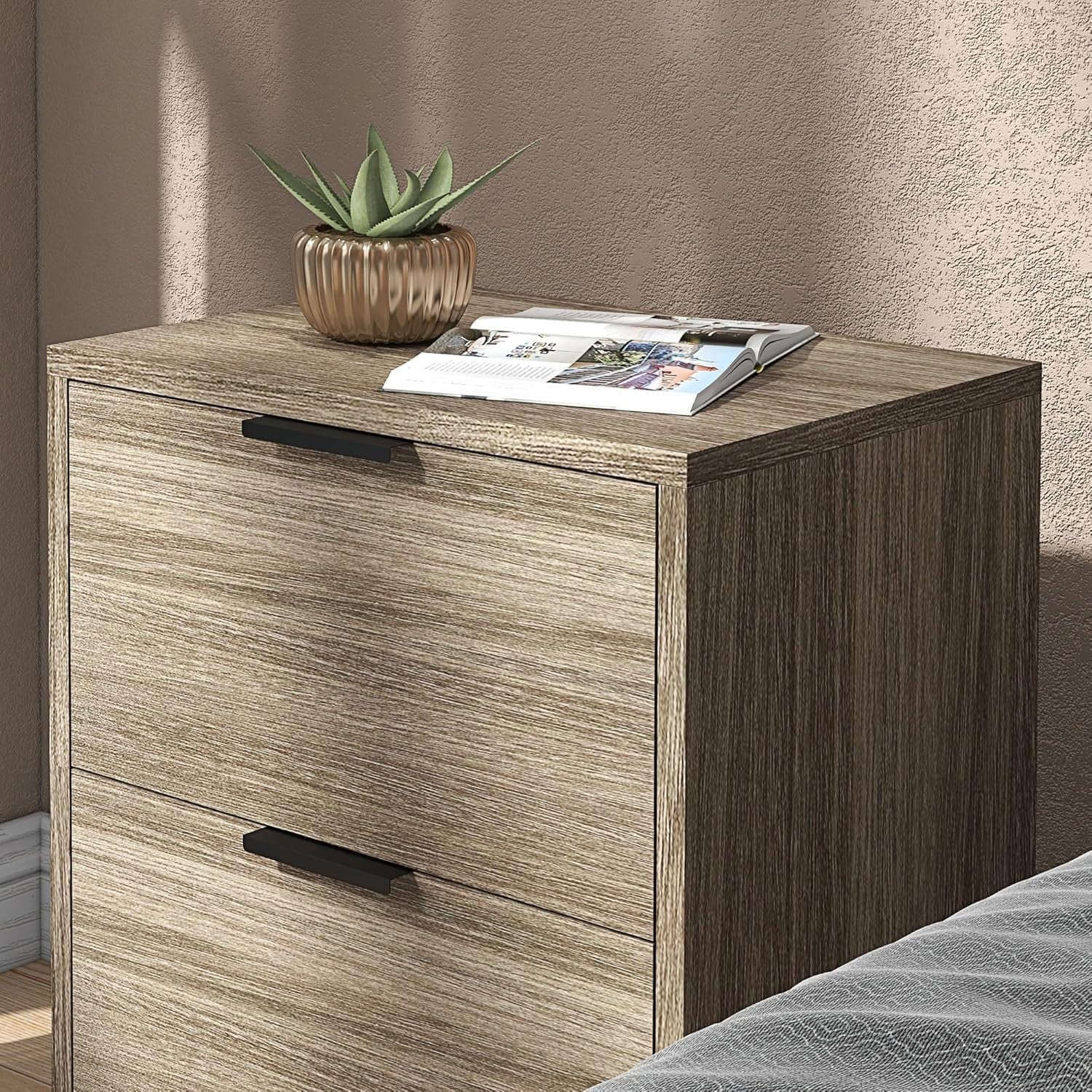 Set of 2 Modern Bedside Tables with 2 Drawers Grey Wood & Black Steel Legs
