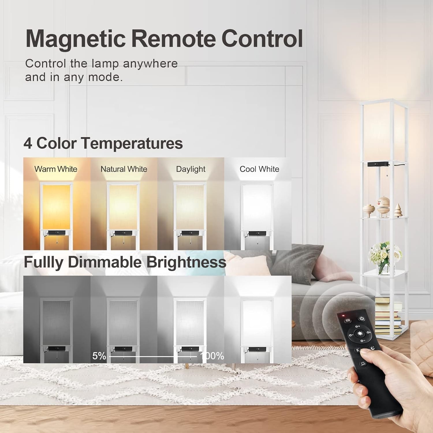 Floor Lamp with Shelves Remote USB LED Dimmable Standing Storage Light