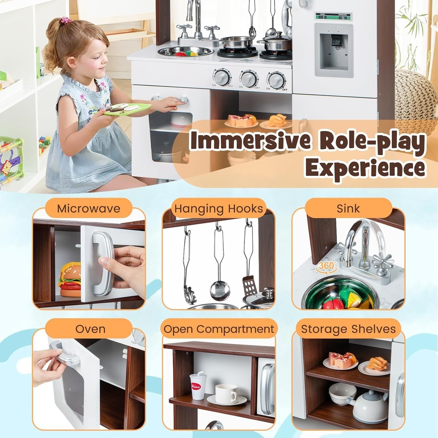 Wooden Kids Play Kitchen Set Light Sound Toy Cooking Role Play Brown