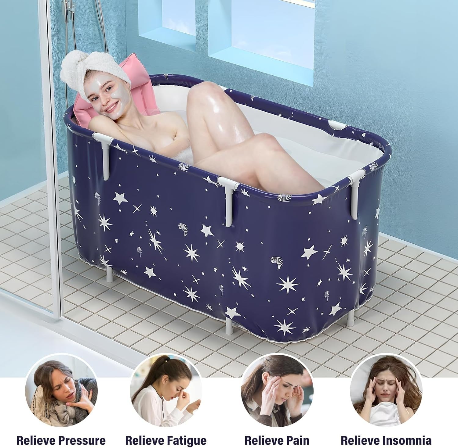 Portable Foldable Bathtub 120x50x55cm Starry Blue SPA Tub Adults Kids Hot