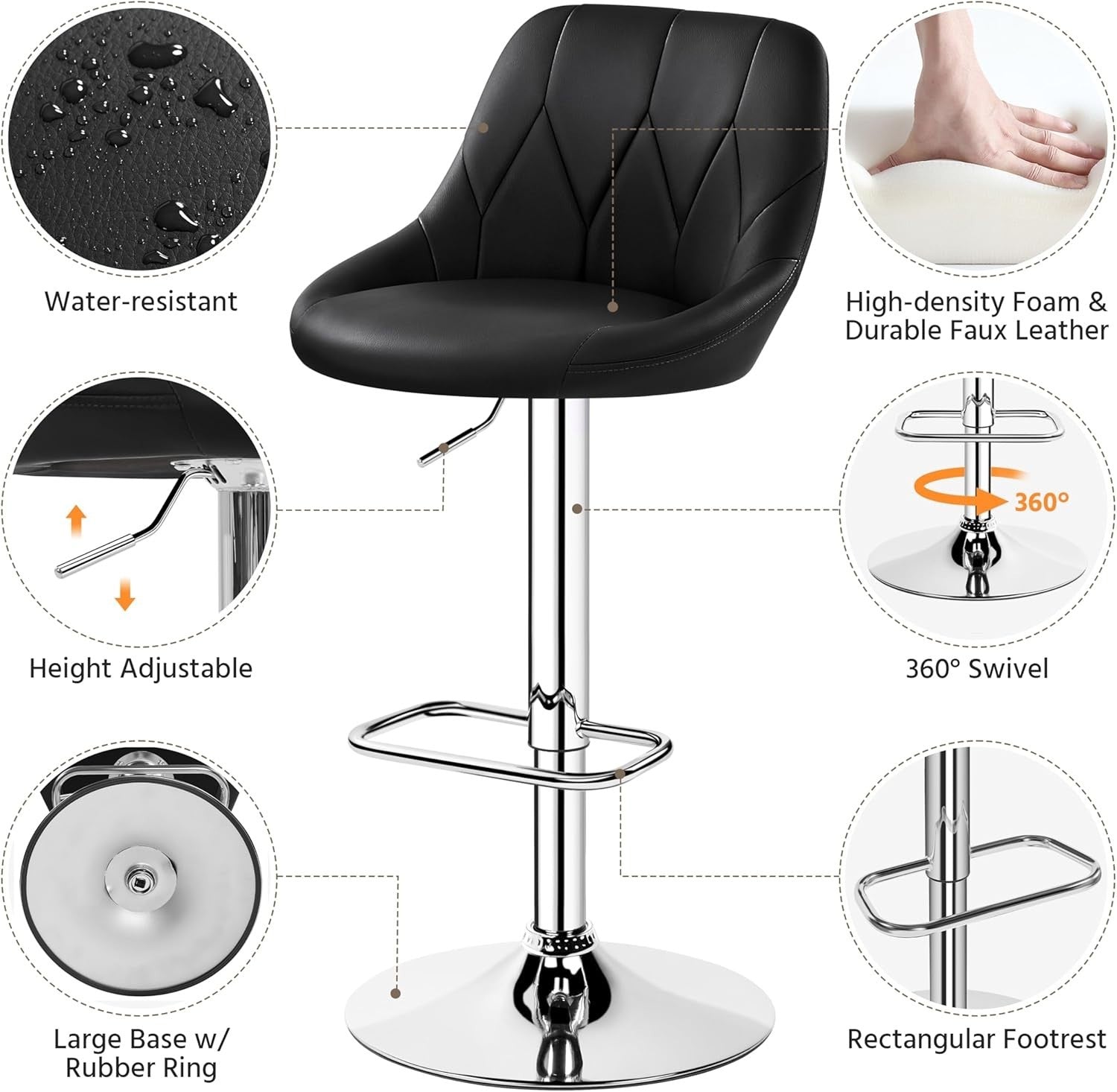 Adjustable Swivel Bar Stools with Backrest & Footrest – Black