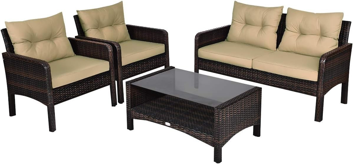 4PC Rattan Garden Conversation Set Cushioned Sofa Chairs Glass Table