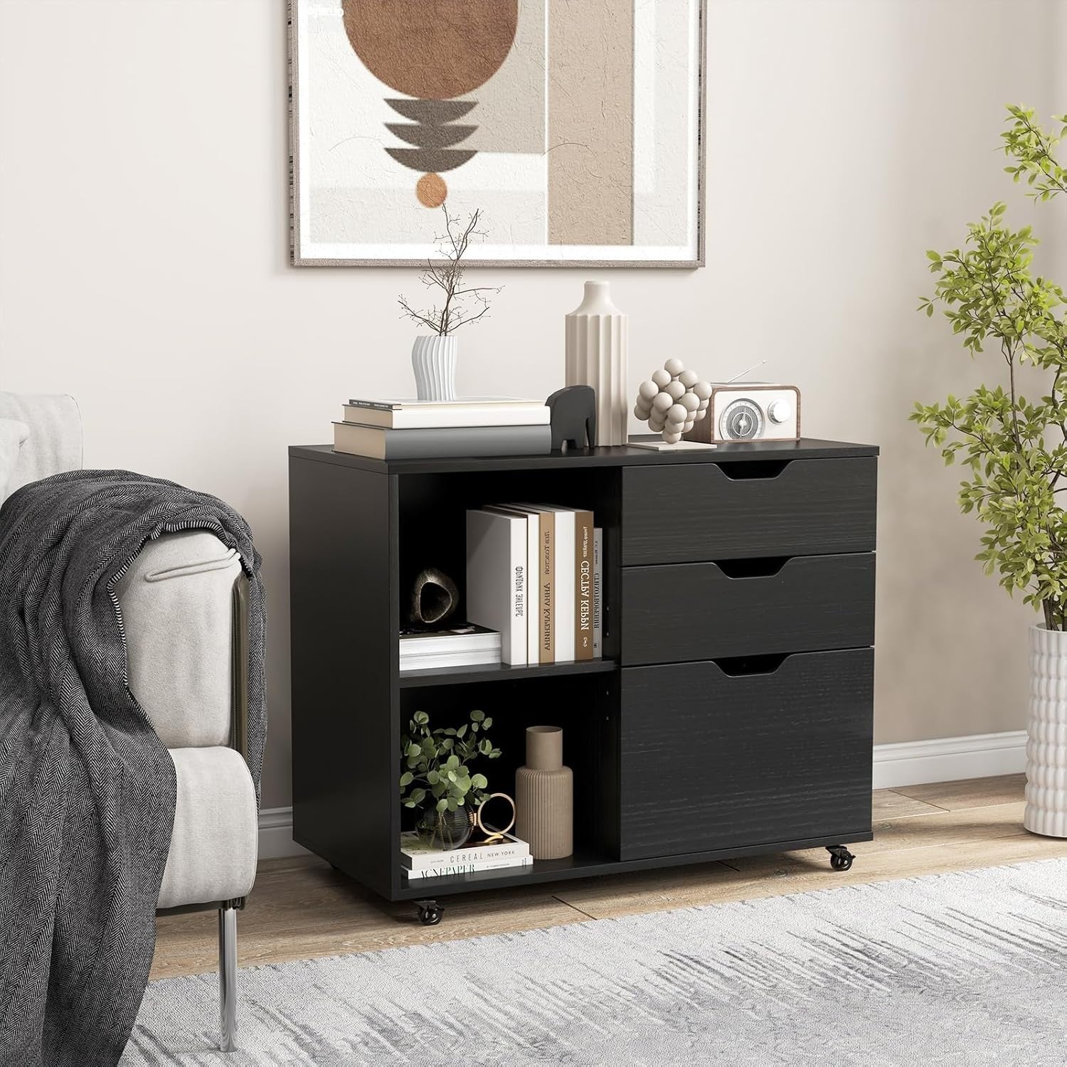 Lateral Mobile Filing Cabinet 3 Drawer A4 Printer Stand Black