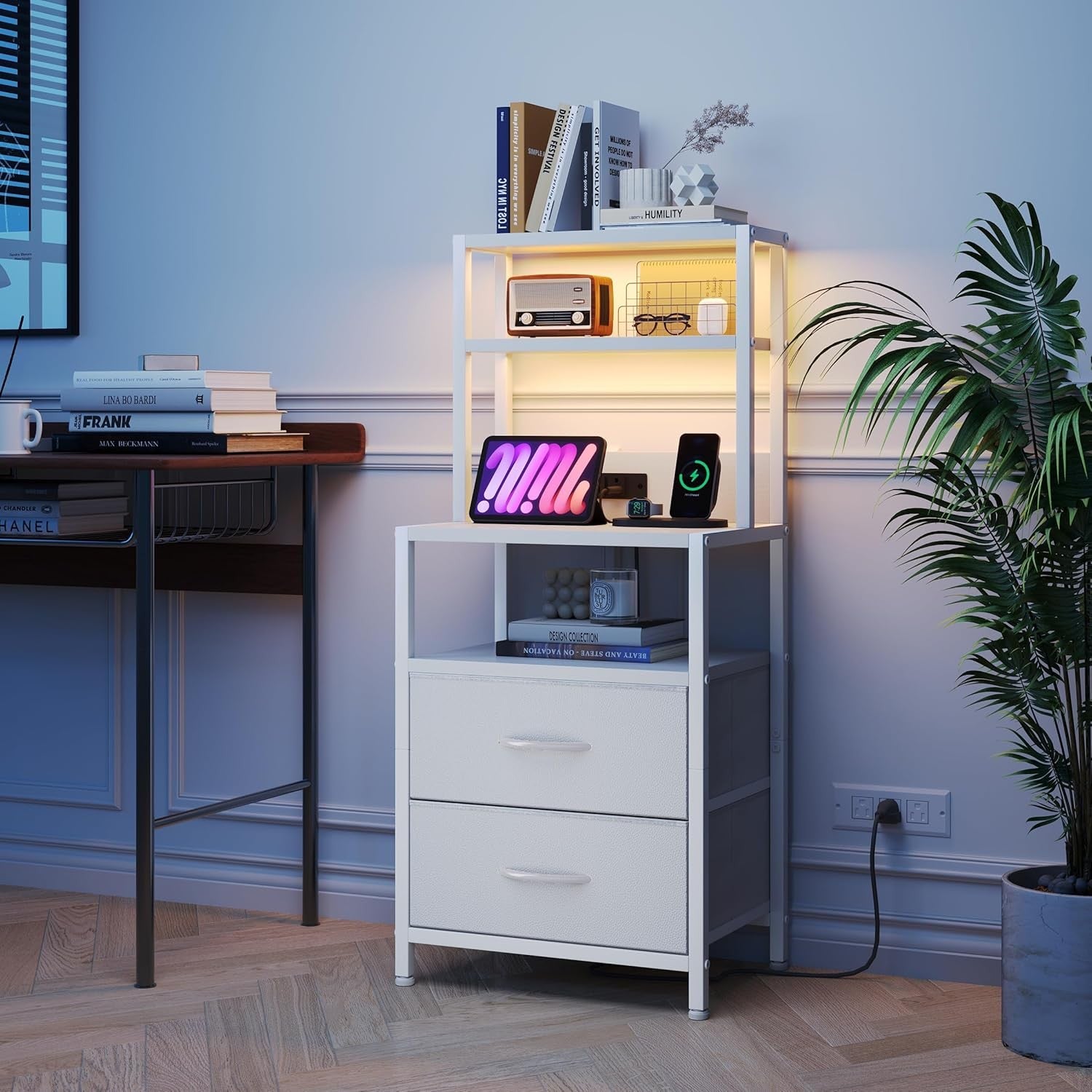 White LED Bedside Table with Charging Ports 2 Drawers Shelf Modern Nightstand