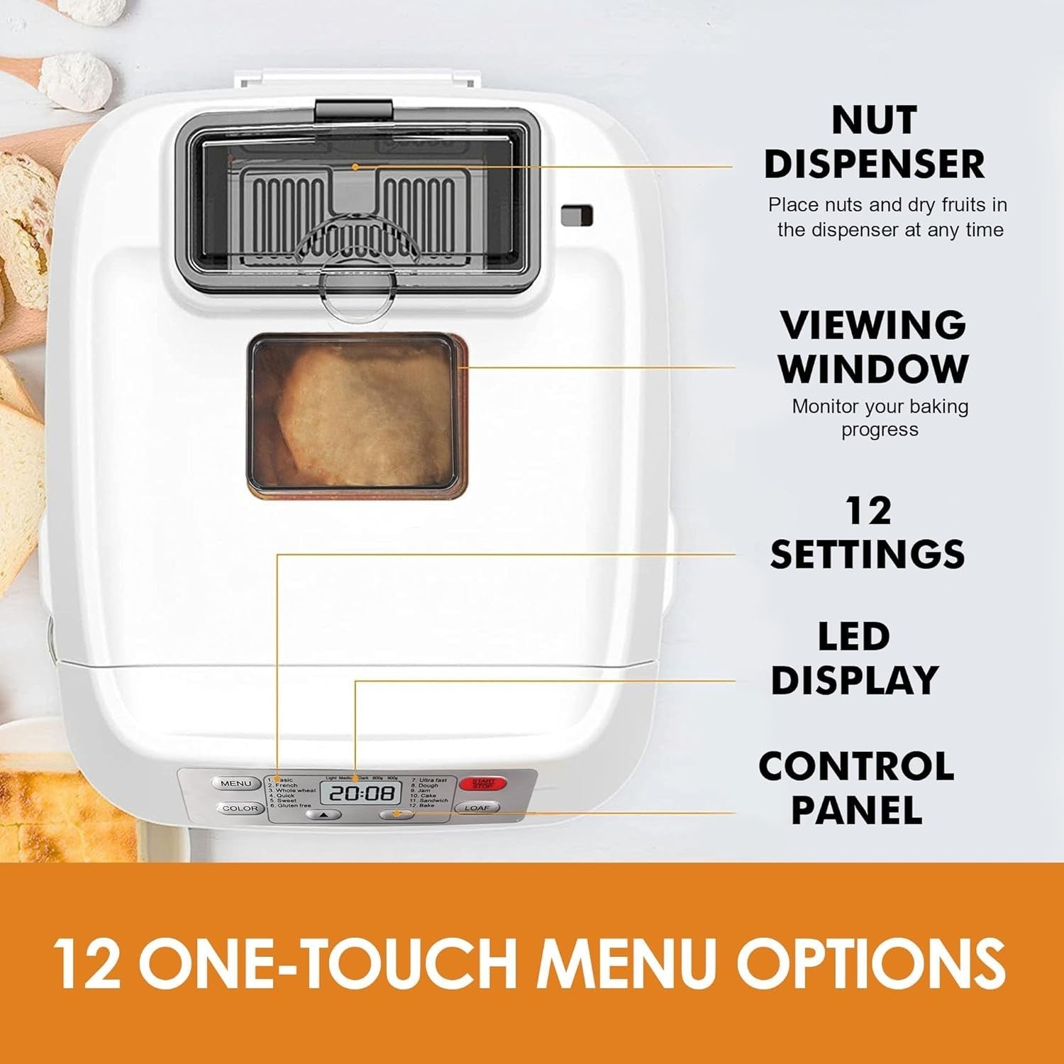 2LB 12-in-1 Bread Maker Gluten-Free Loaf Auto Nut Dispenser Non-Stick