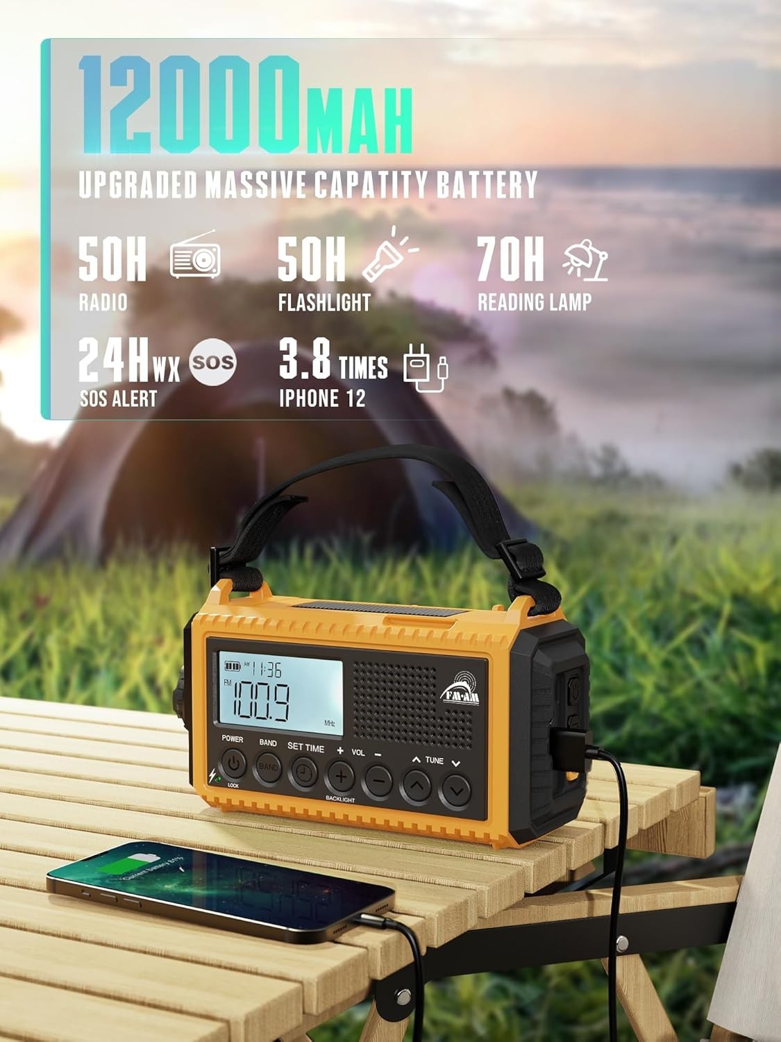 Emergency Radio AM/FM/SW Solar Hand Crank 12000mAh Waterproof Torch
