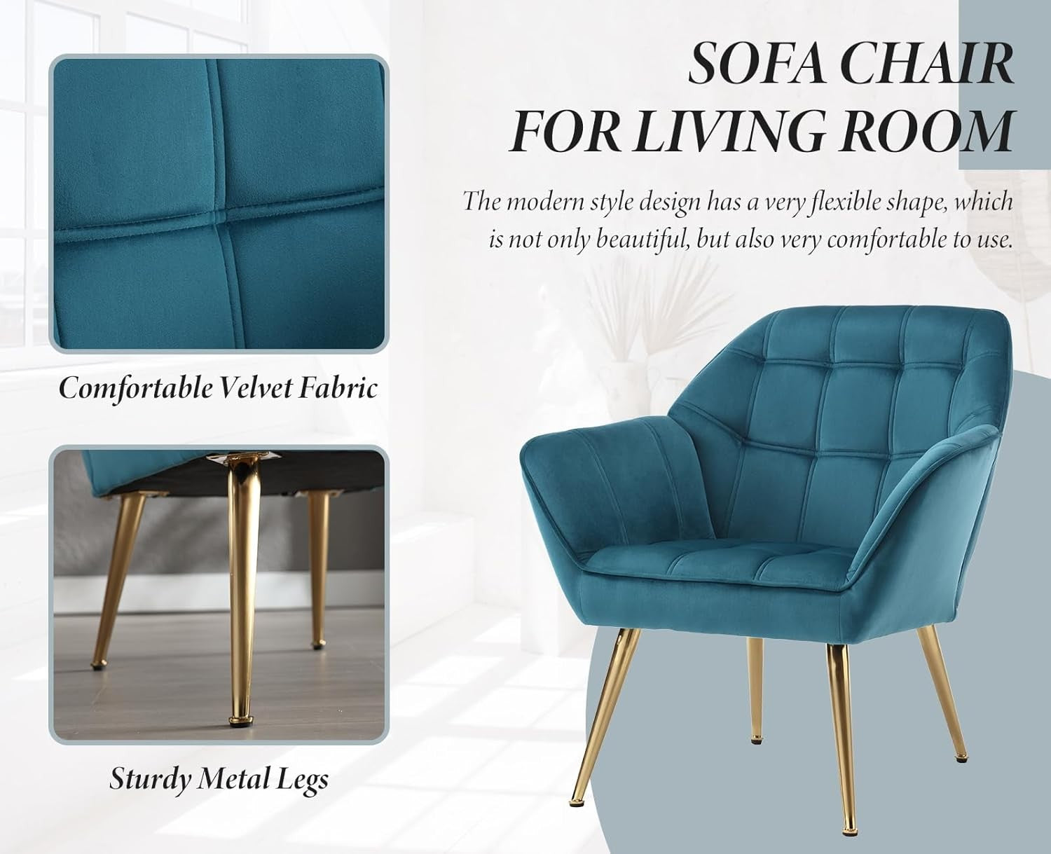 Velvet Accent Armchair Blue Upholstered Tub Chair Gold Legs