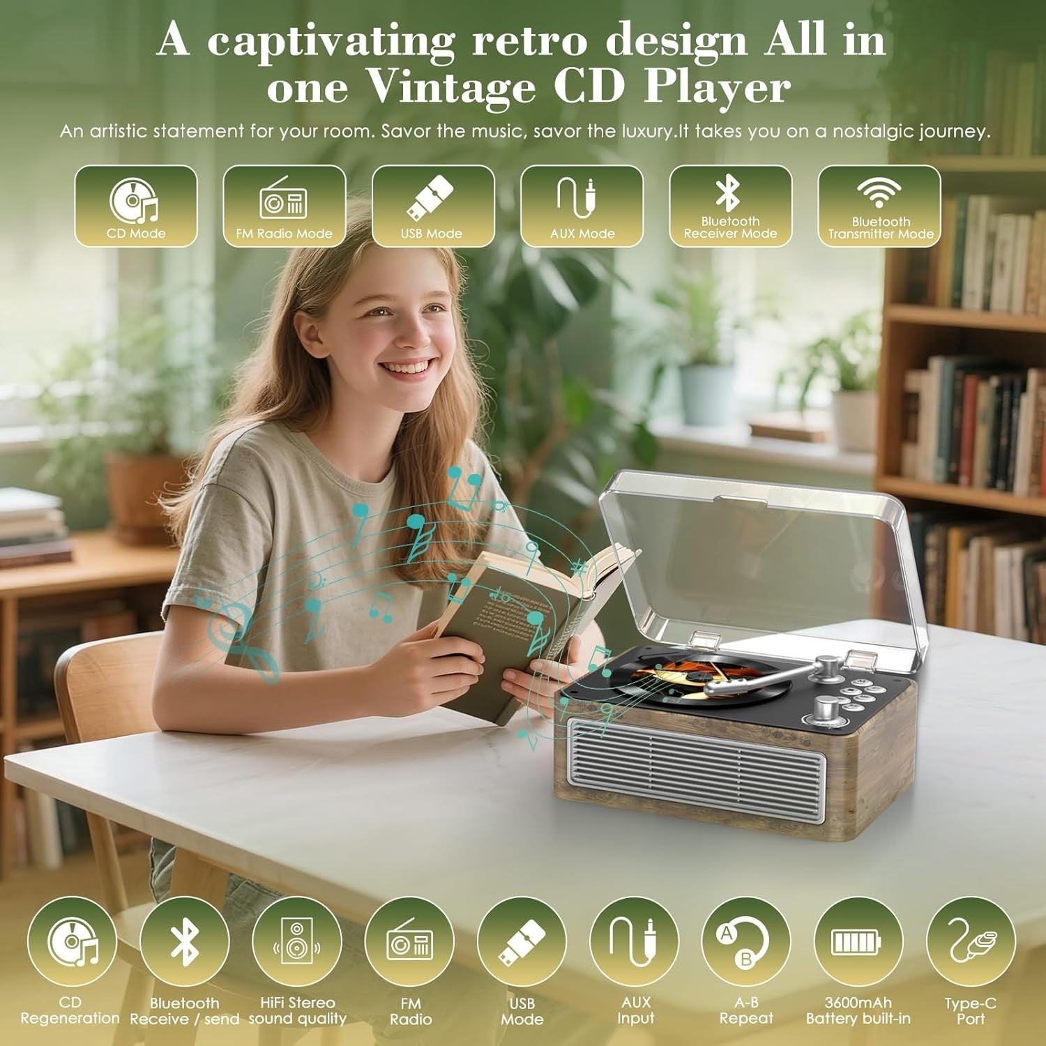 Retro Bluetooth CD Player FM Radio USB AUX HiFi Speakers Oak