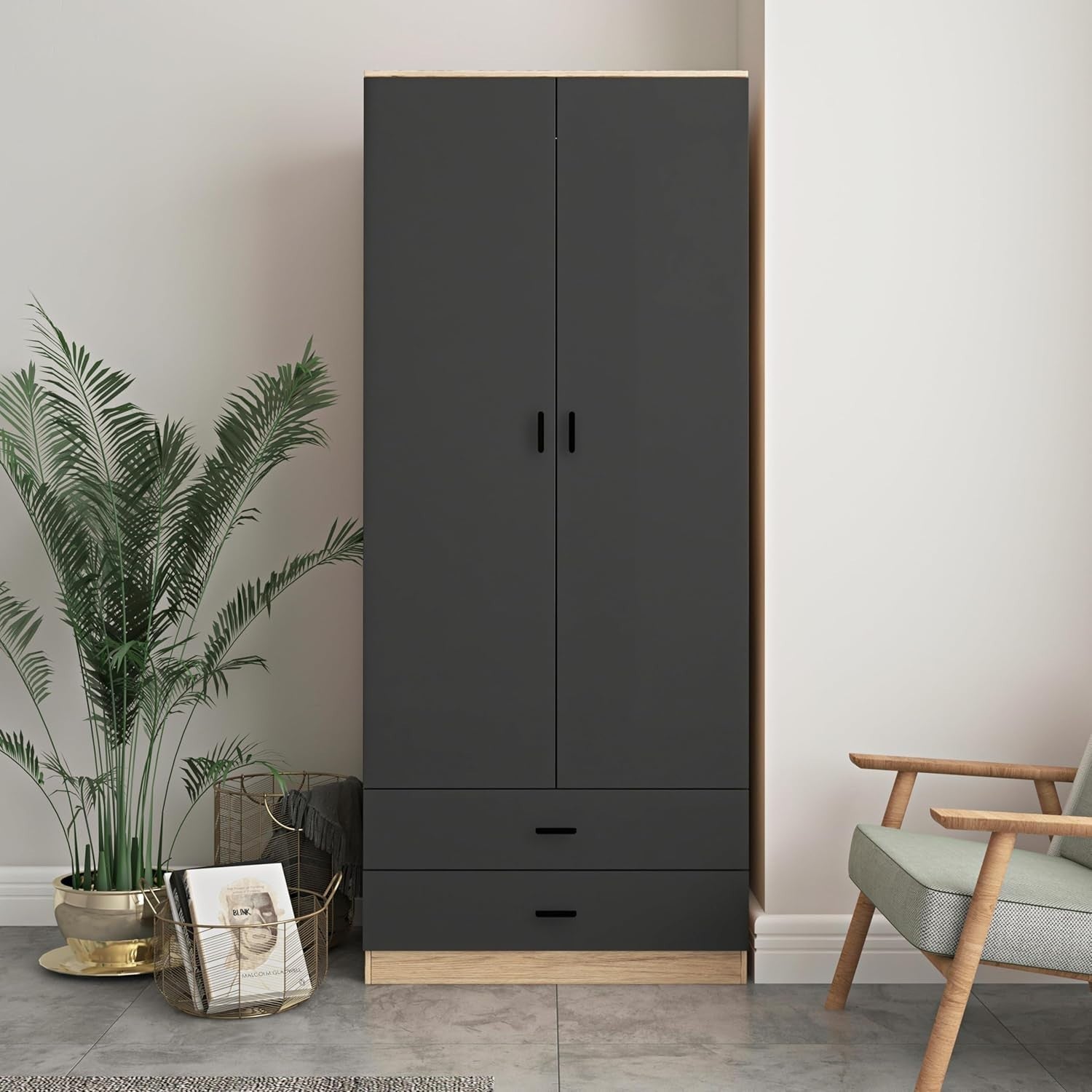 Tall Oak 2 Door Wardrobe Black Drawers | Modern Bedroom Clothes Storage