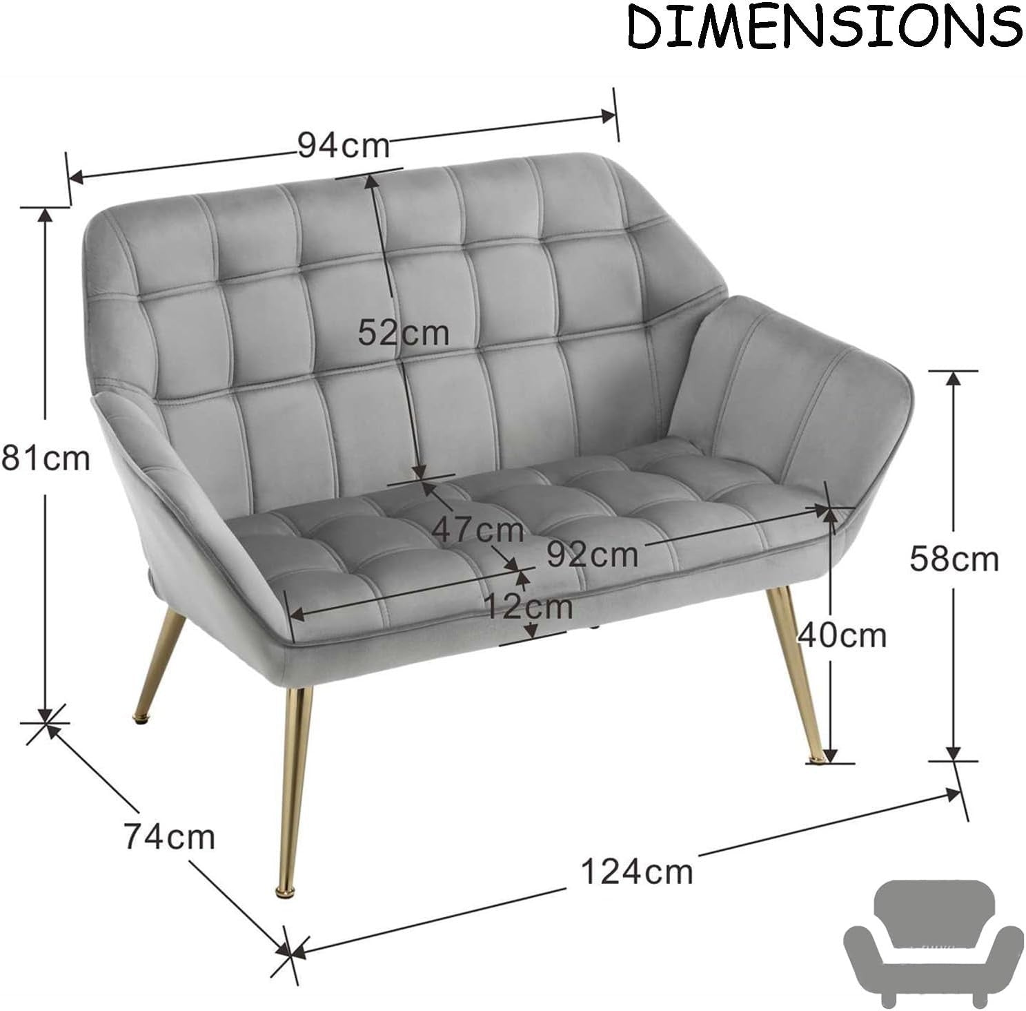 2 Seater Grey Velvet Sofa Loveseat Chair Metal Legs Modern Armchair