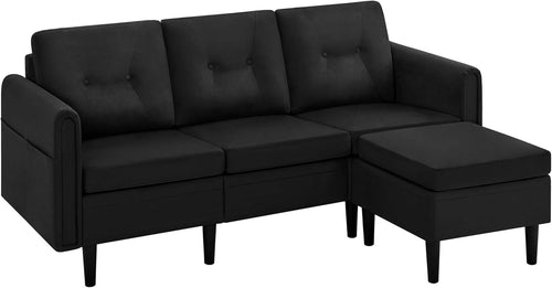 Velvet Black L-Shaped Corner Sofa with Ottoman 3-Seater Chaise for Small Spaces