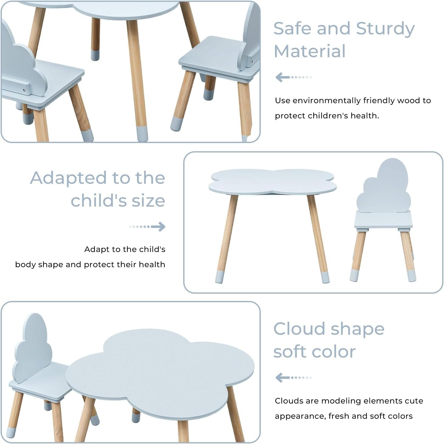 Kids Table & 2 Chairs Set Sky Blue & Brown, Safe Non-Toxic MDF, Easy Assemble