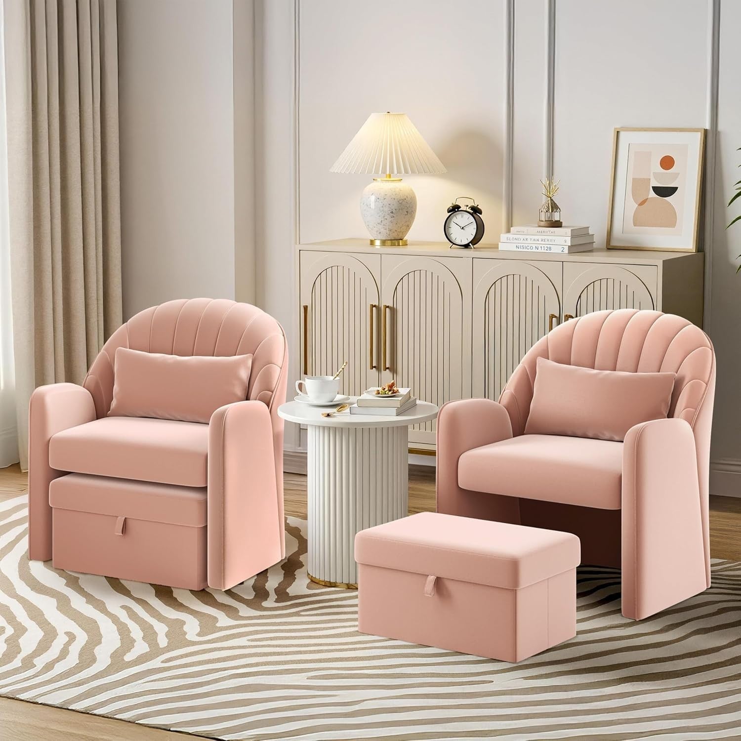 Pink Velvet Tub Chair with Storage Ottoman & Pull-Out Footrest | Compact Seat