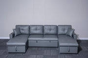 Grey Bonded Leather U-Shaped 4 Seater Sofa Bed with Storage & Pull-Out
