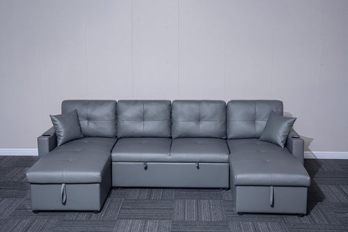 Grey Bonded Leather U-Shaped 4 Seater Sofa Bed with Storage & Pull-Out