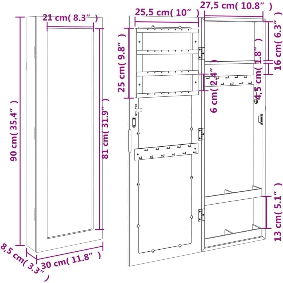 Slim Wall Mounted Jewelry Cabinet Mirror Lockable Vertical Storage Black
