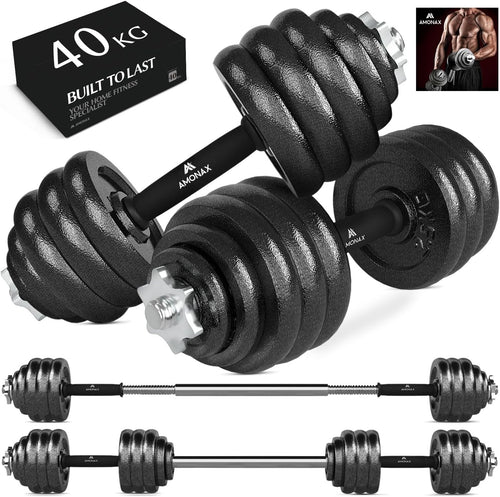 40kg Adjustable Dumbbell & Barbell Set Cast Iron Spinlock Home Gym