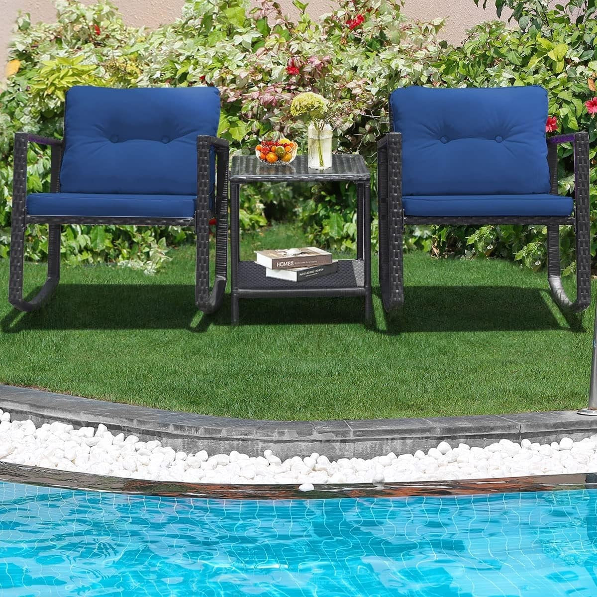 Rocking Rattan Bistro Set 3PC Patio Chairs with Two Tier Glass Table Cushions
