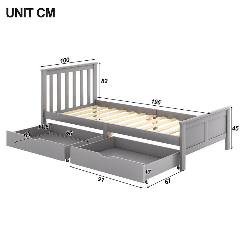3FT Single Grey Wooden Bed Frame with Storage Drawers Kids Adults Solid Pine