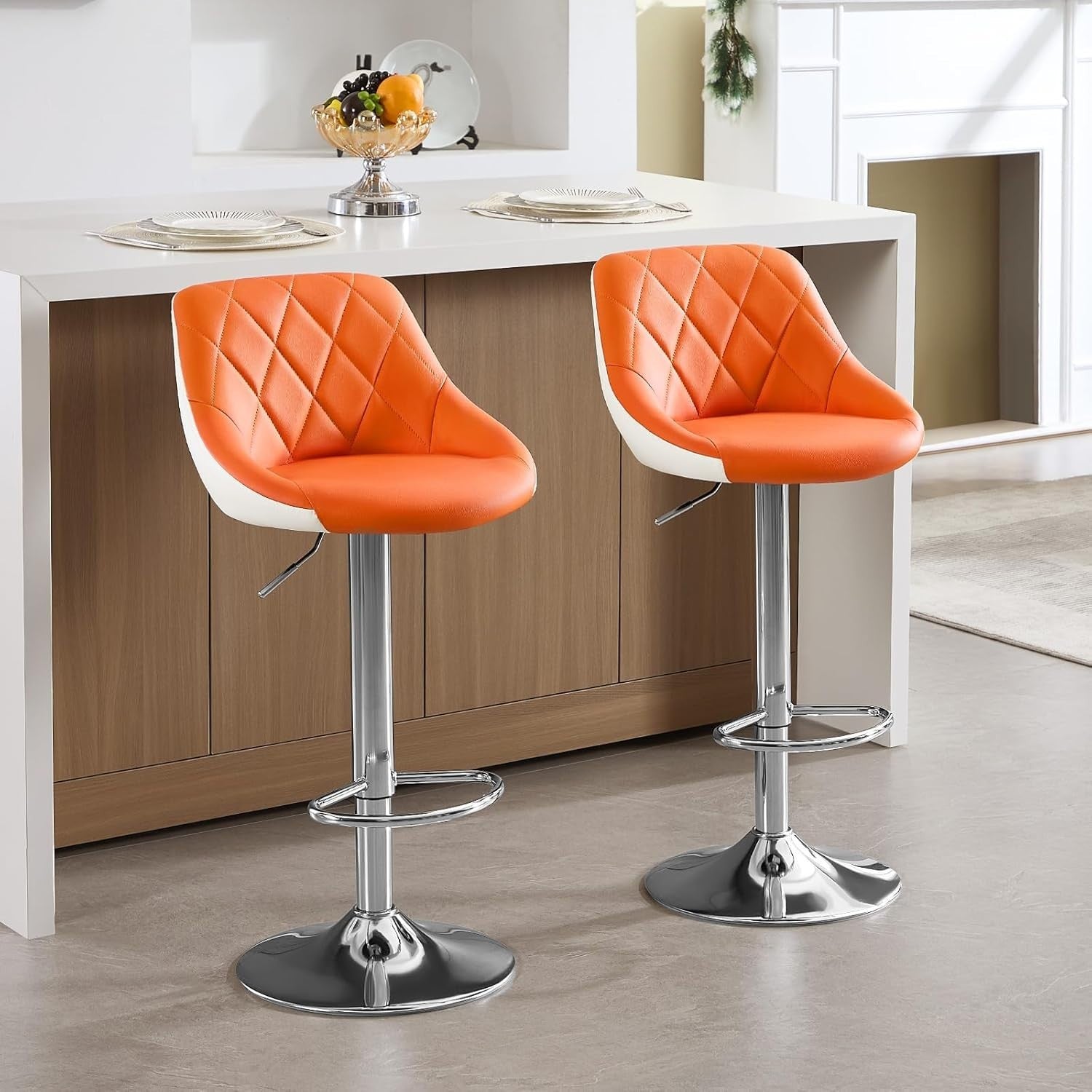 Orange+White Swivel Bar Stool – Adjustable PU Leather Seat with Footrest