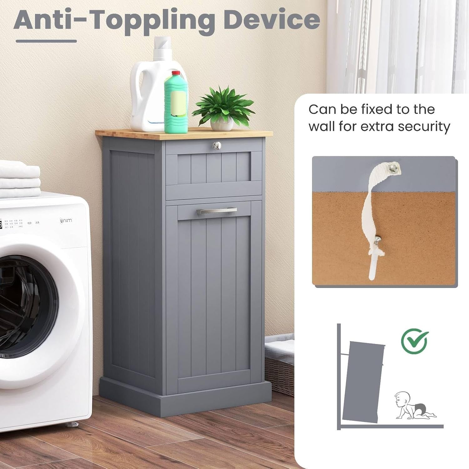 Grey Tilt-Out Laundry Hamper Cabinet with Drawer 30L Basket Bathroom Unit