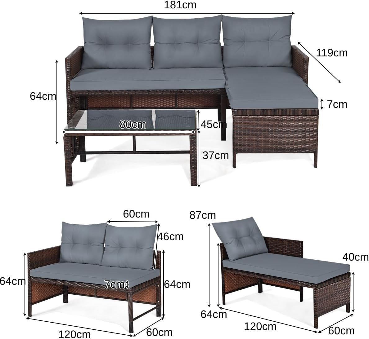 3PC Grey Rattan Garden Corner Sofa Set L-Shape Patio Lounge Glass Table
