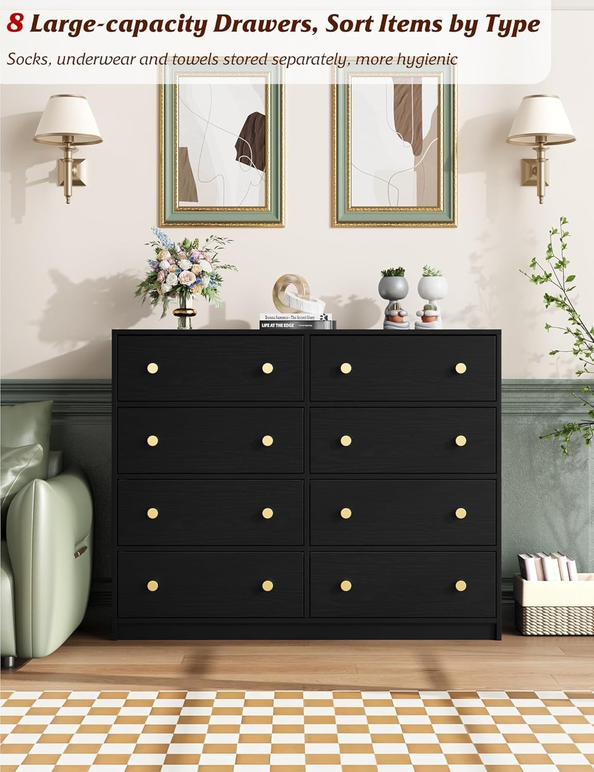 8 Drawer Black Chest Gold Handles Modern Storage Unit Bedroom Hallway