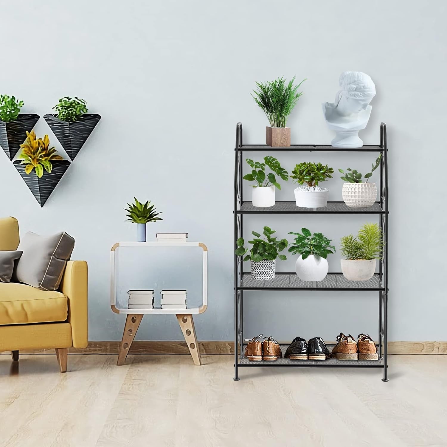 4 Tier Black Metal Plant Stand | Tall Indoor Outdoor Garden Shelf Display Rack
