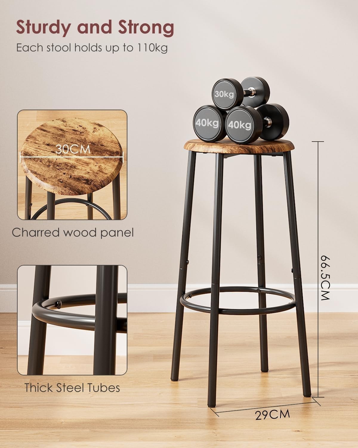 Set of 2 Rustic Brown Round Bar Stools Industrial Counter Footrest