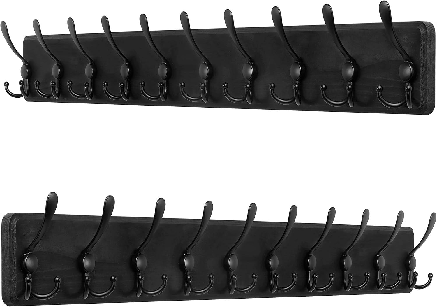 Set of 2 Black Wooden Wall Coat Racks 38" | Rustic Heavy Duty 10 Hook Organizer
