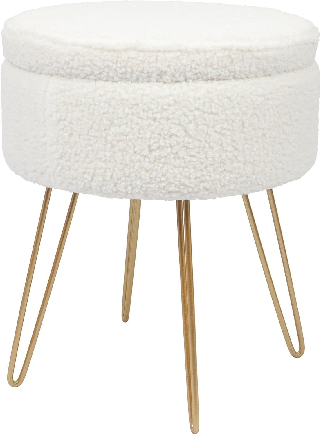 Cream Bouclé Round Footstool with Storage & Gold Legs – Modern Vanity Stool