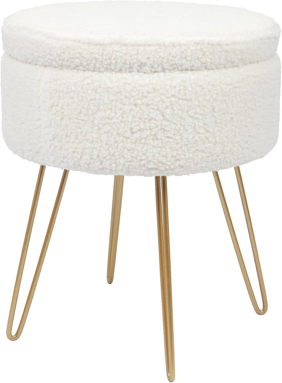 Cream Bouclé Round Footstool with Storage & Gold Legs – Modern Vanity Stool