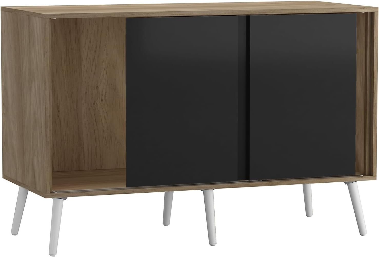 Modern Oak Sideboard Cabinet Black Sliding Doors Storage Unit Wood Legs