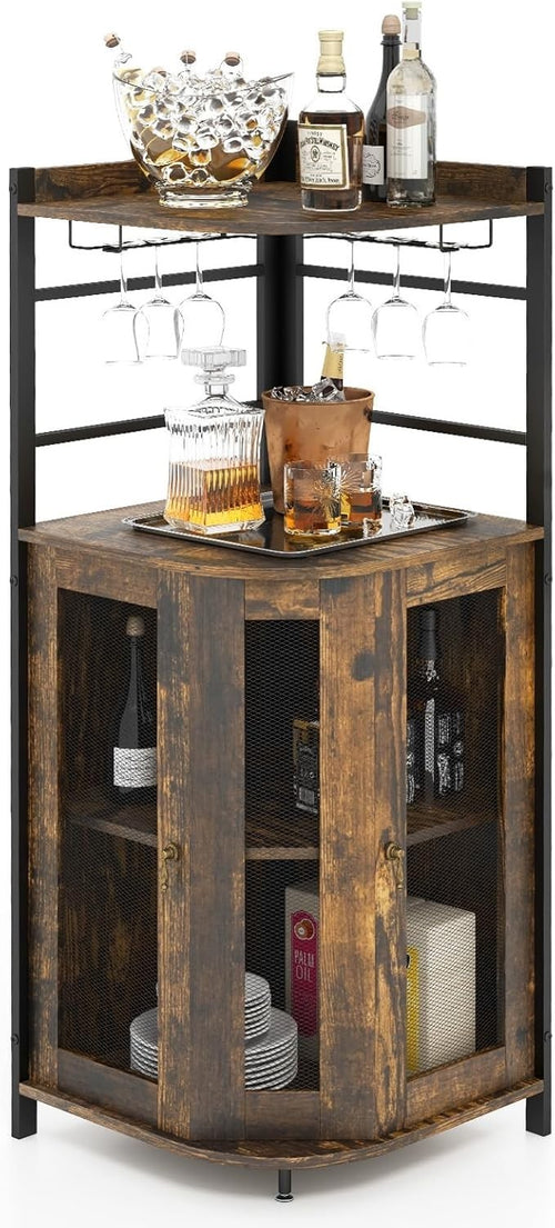 Corner Bar Cabinet Rustic Wine Storage with Glass Holder Mesh Doors