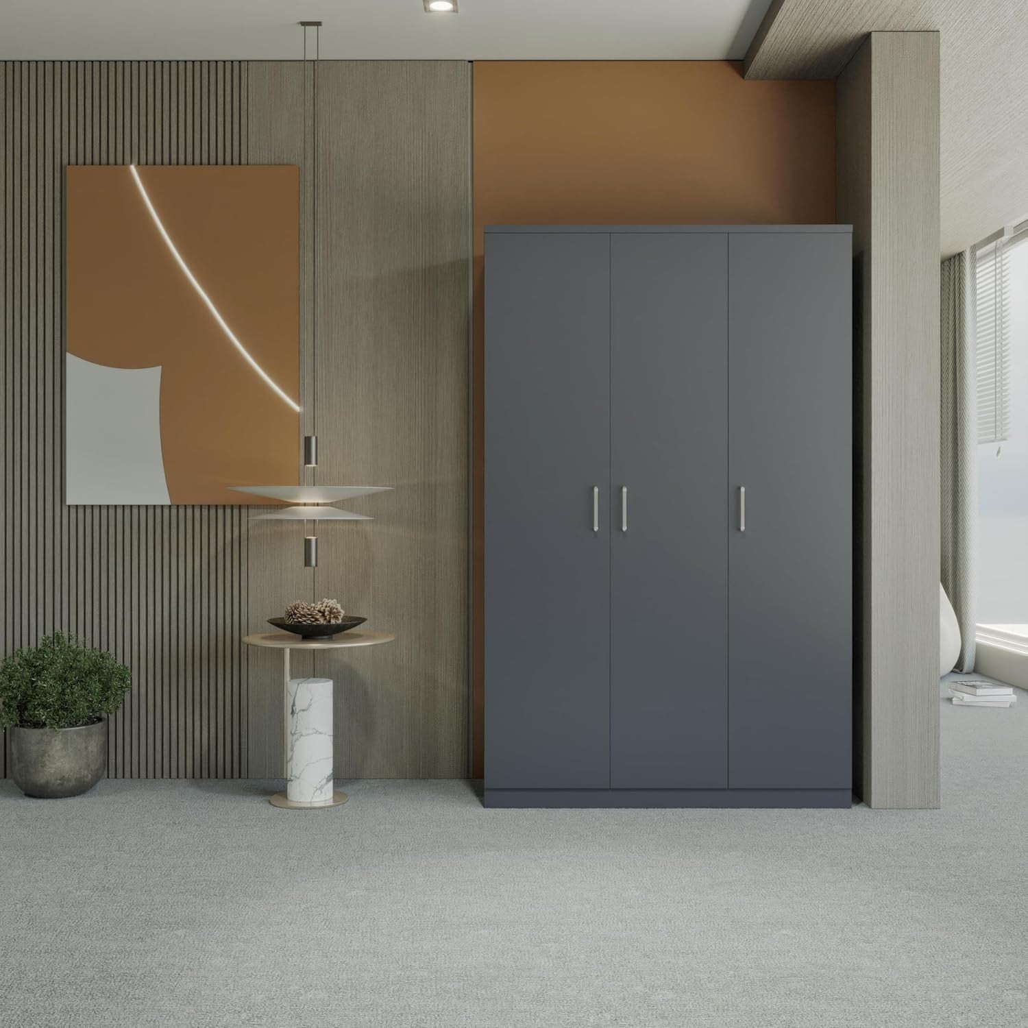 3 Door Dark Grey Wardrobe Modern Clothes Storage Cupboard Bedroom