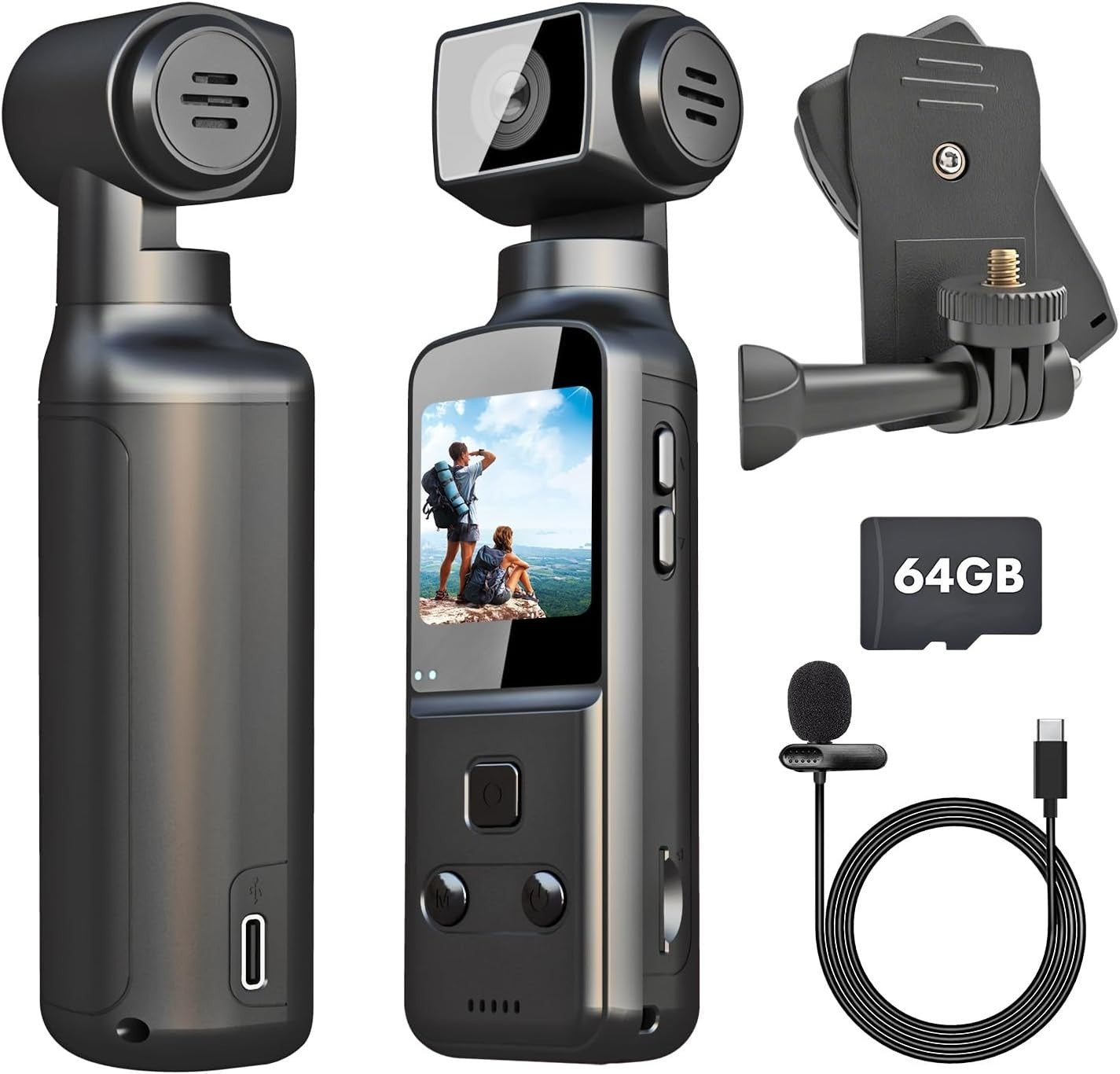4K Pocket Vlog Camera Rotating Lens POV Body Cam w/64GB Mic