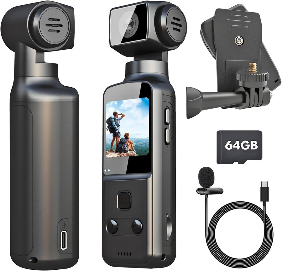 4K Pocket Vlog Camera Rotating Lens POV Body Cam w/64GB Mic