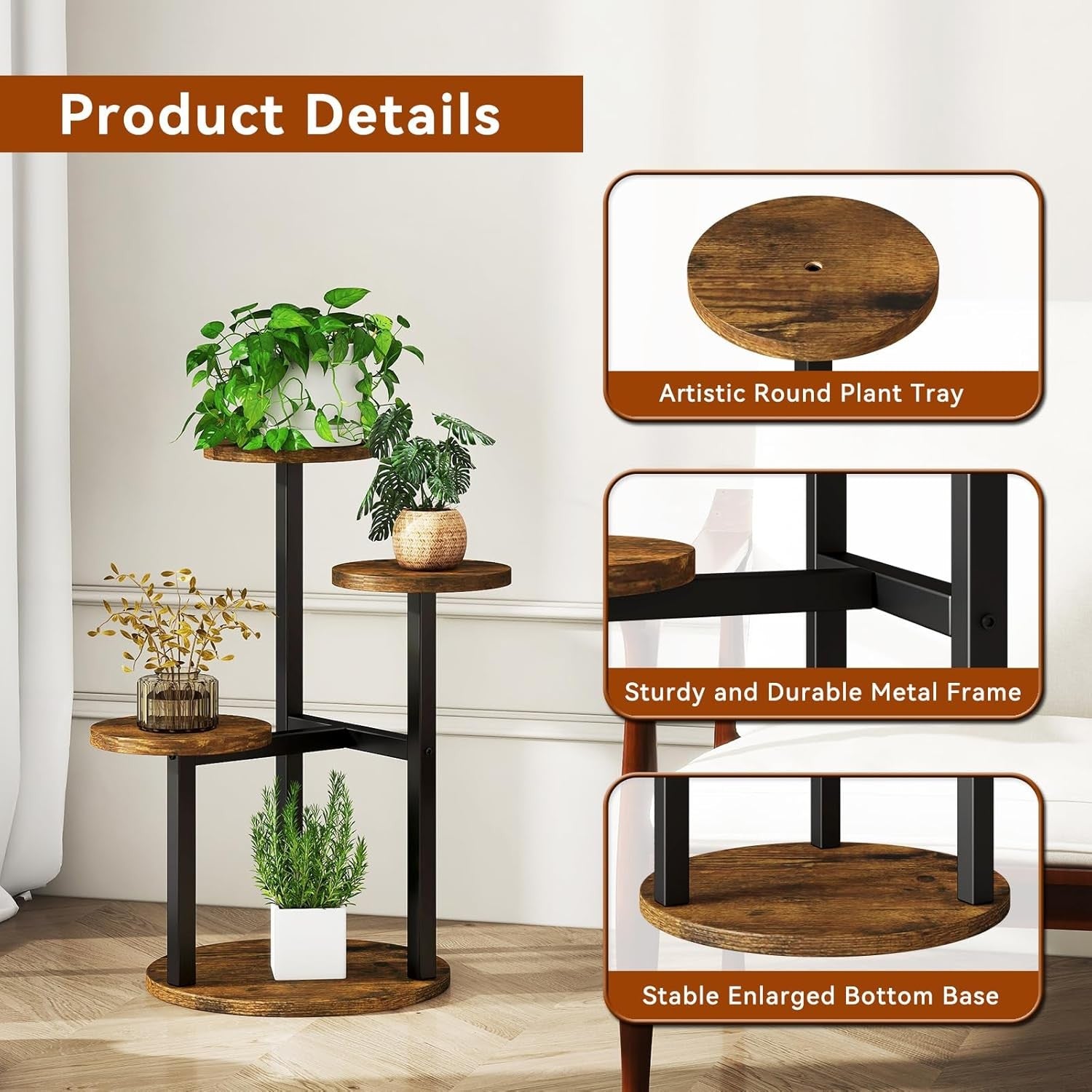 4 Tier Metal Wood Plant Stand Indoor | Rustic Brown Corner Flower Pot Shelf Rack