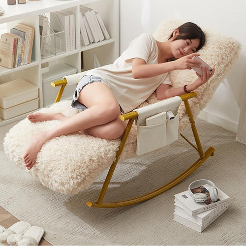 Modern Glider Rocking Chair with Teddy Upholstery & Side Pocket, Golden Legs