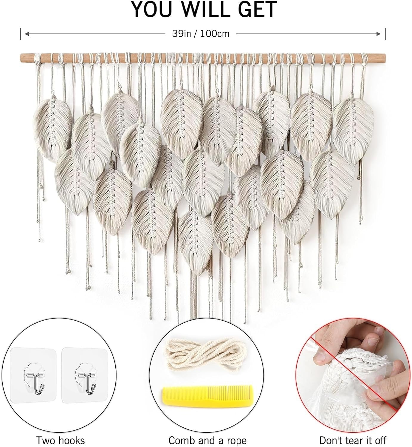 Beige Large Leaf Macrame Wall Hanging 39"x29.5" Boho Decor