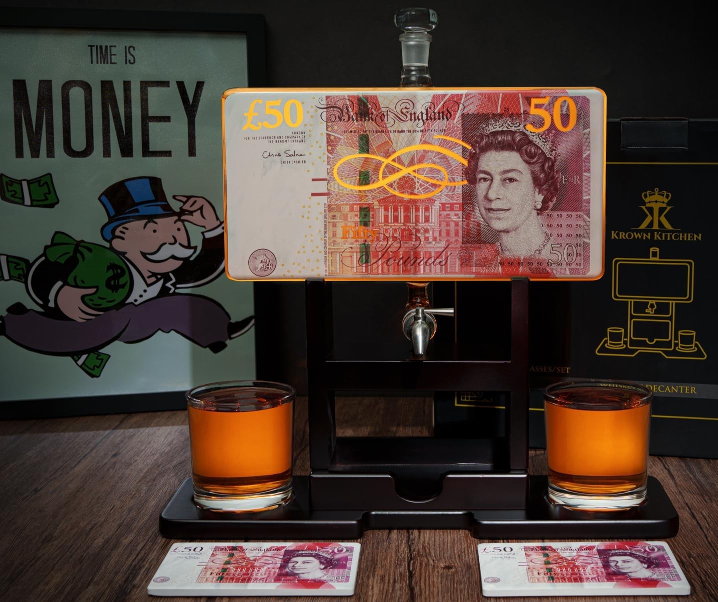 50 Pound Note Whiskey Decanter Set with Glasses Novelty Liquor Dispenser Gift