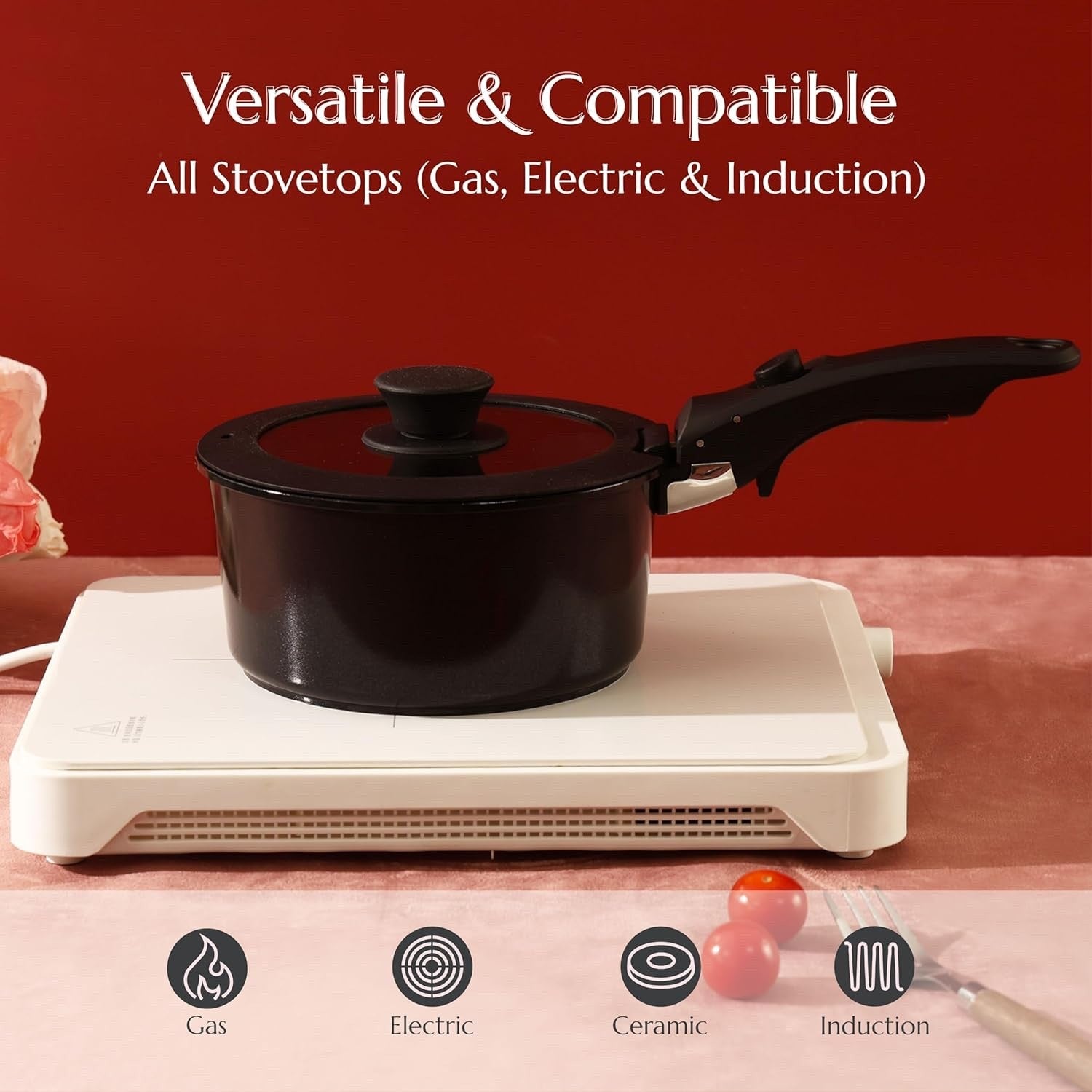 5pcs Black Ceramic Cookware Set Removable Handle Induction & Oven Safe
