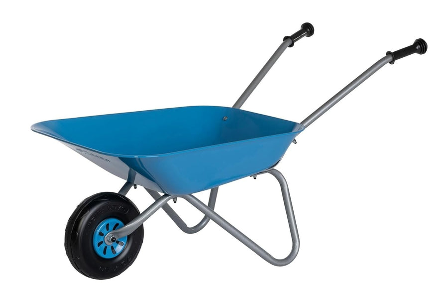 Kids Silver/Blue Metal Wheelbarrow – Plastic Handles, Tubeless Tyre, 25kg Load
