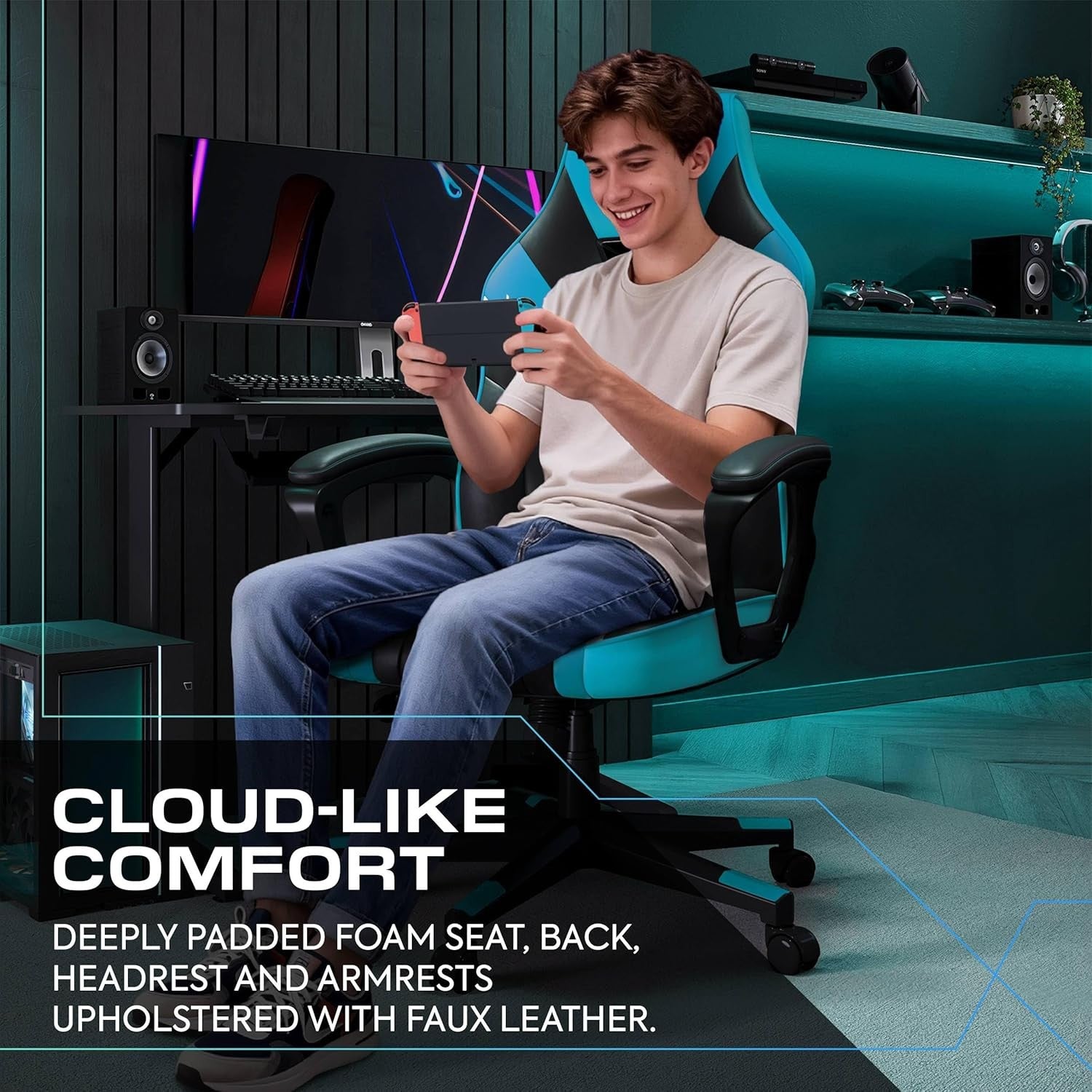 Ergonomic Gaming Chair High Back Wide Seat Adjustable Blue