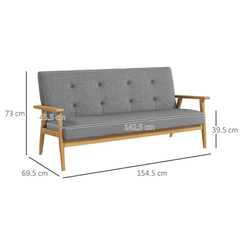 3 Seater Sofa Dark Grey Linen Tufted Couch with Wood Frame Lounge Seating