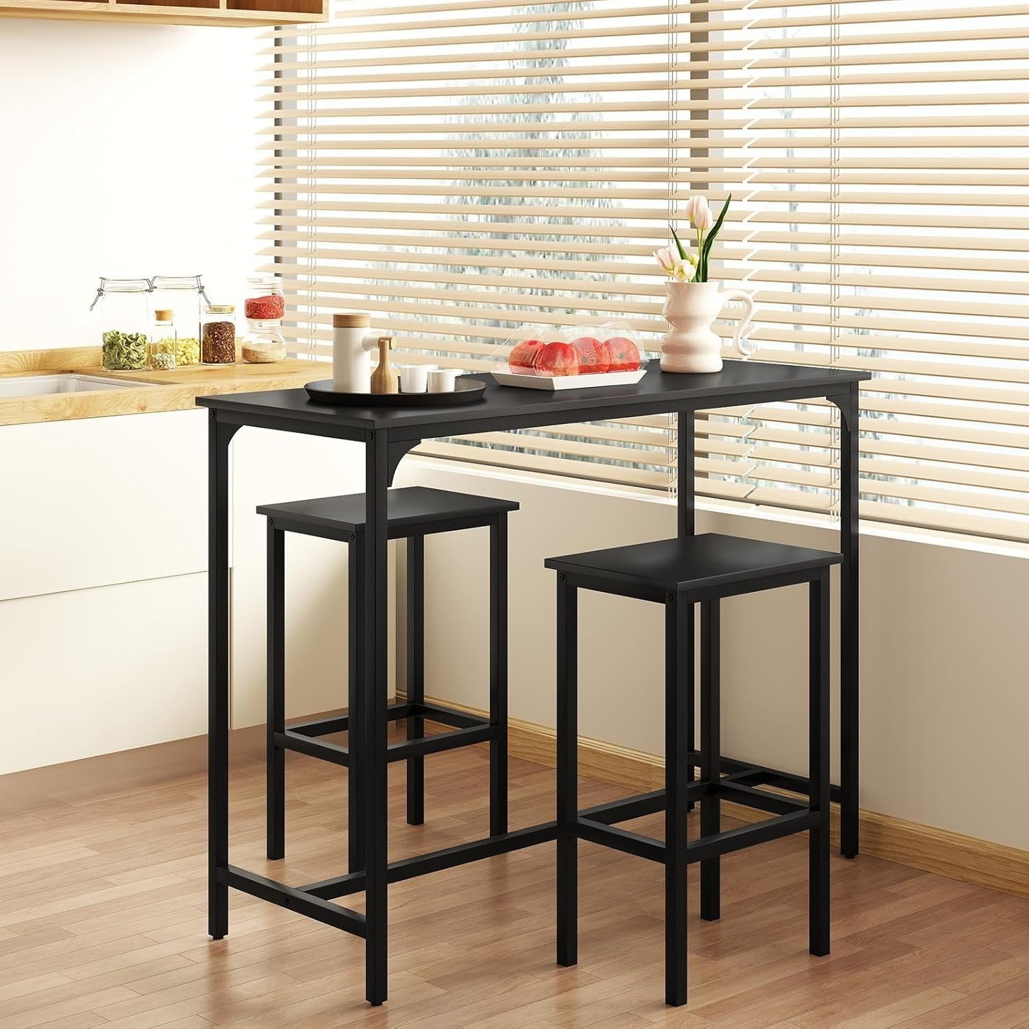 3PCS Bar Table Set with 2 Stools Counter Height Dining Set Space Saving Black