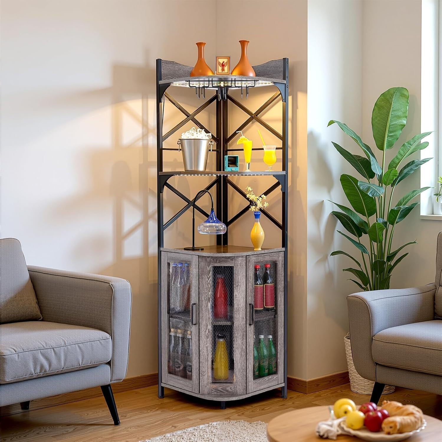 Corner Wine Rack with LED Lights & Power Socket, 5-Tier Drinks Cabinet Bar Unit