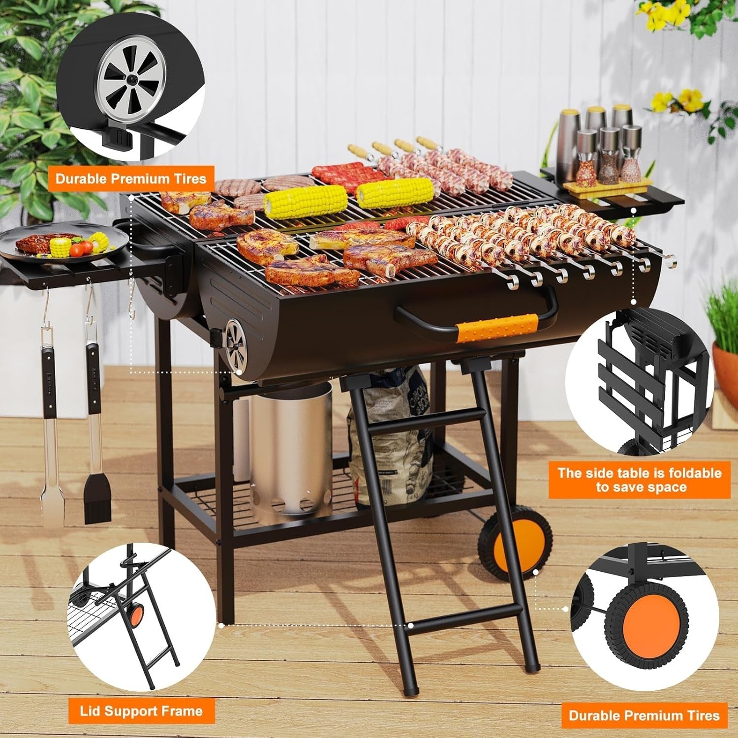 Extra Large Charcoal BBQ Grill Trolley 918 sq in Cooking Space w/ Side Tables