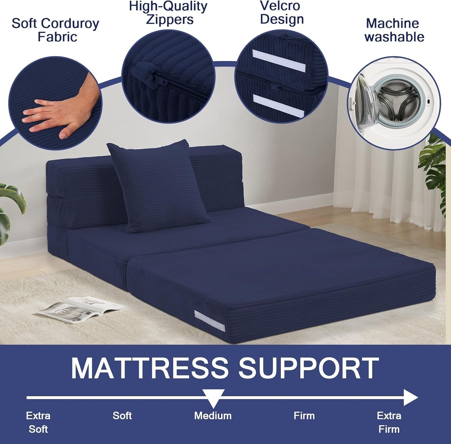 Fold Out Single Sofa Chair Bed Guest Mattress 3in1 Navy Corduroy Foam