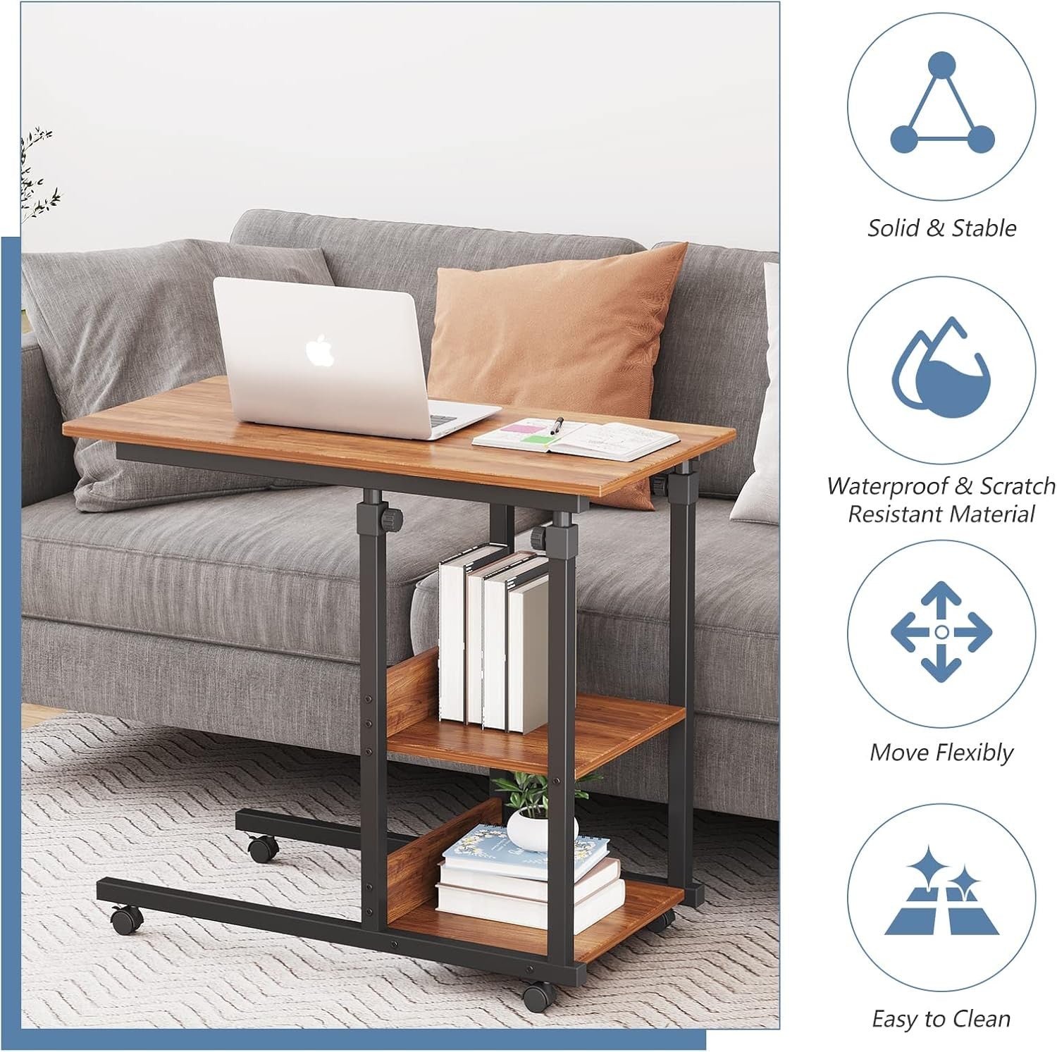 C Shaped Side Table Height Adjustable Sofa Bed Laptop Desk Walnut Wheels